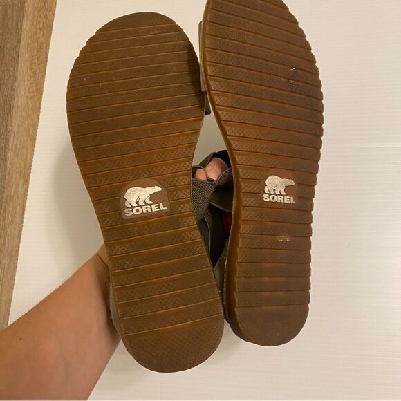 SOREL Ella NL3201-365 green Leather flats stretch slip on sandals size 9.5 - Picture 7 of 8